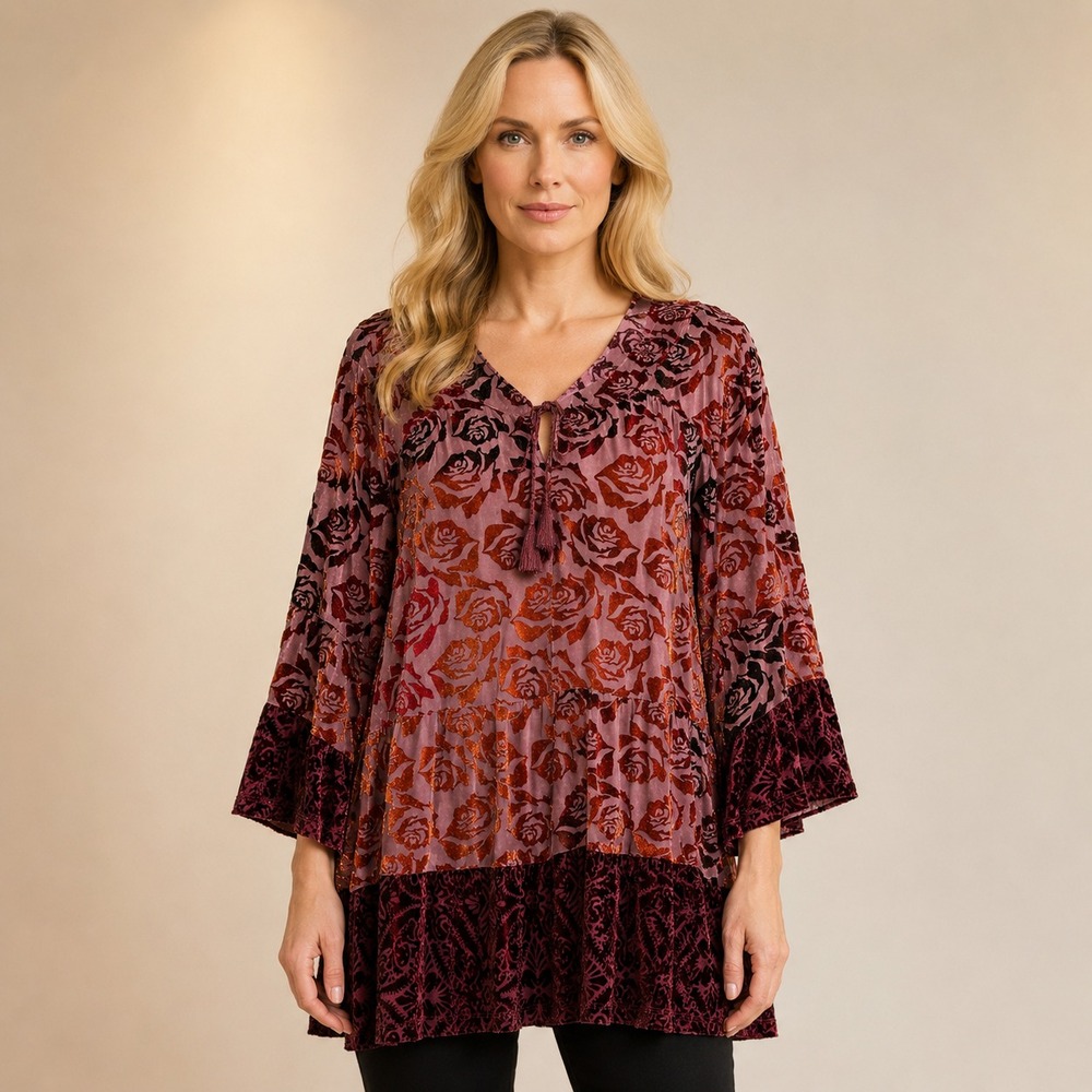 Style & Co Velvet Burnout Rose Tunic Top Boho Tiered Tassel Blouse Fall Size 3X